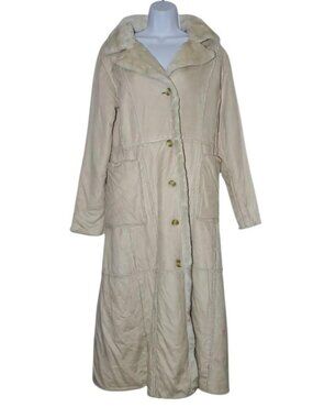Cream Y2K faux fur collar trench coat with button